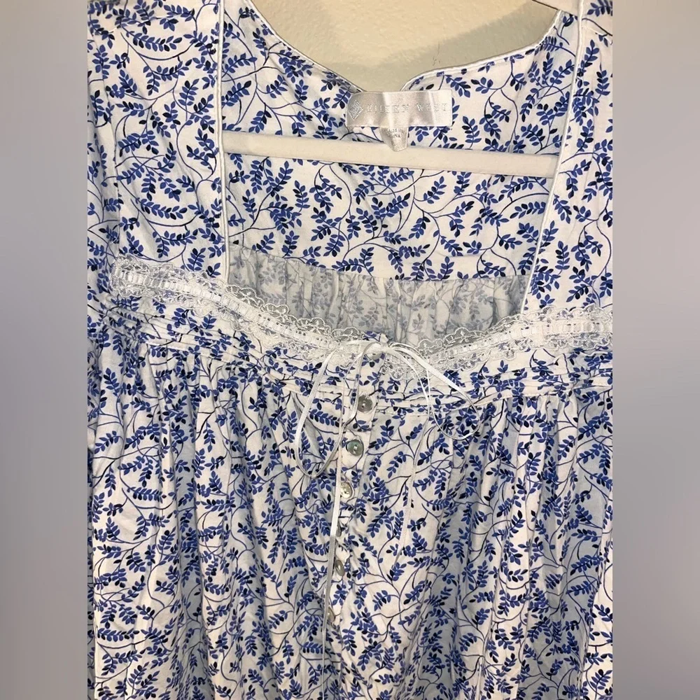 Eileen West Blue Floral 100% Cotton Long Sleeve Lace Neck Nightgown L